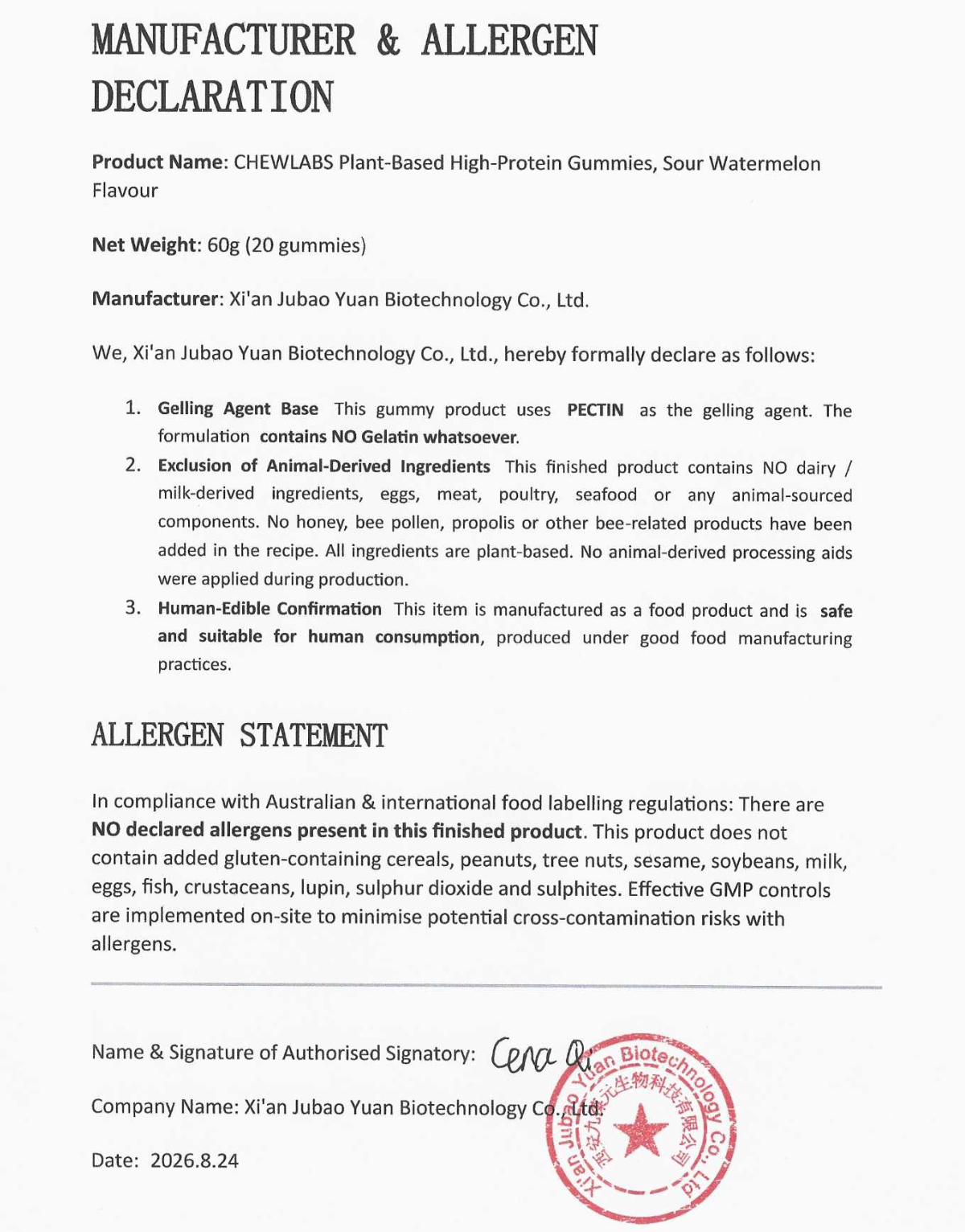 CHEWLABS manufacturer and allergen declaration